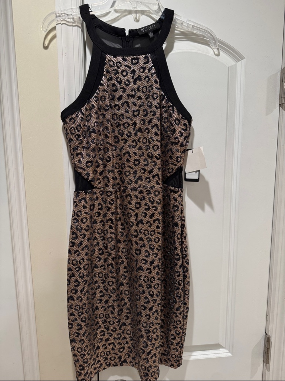 Guess Leopard Print Halter Sheath Dress in Tan and Black